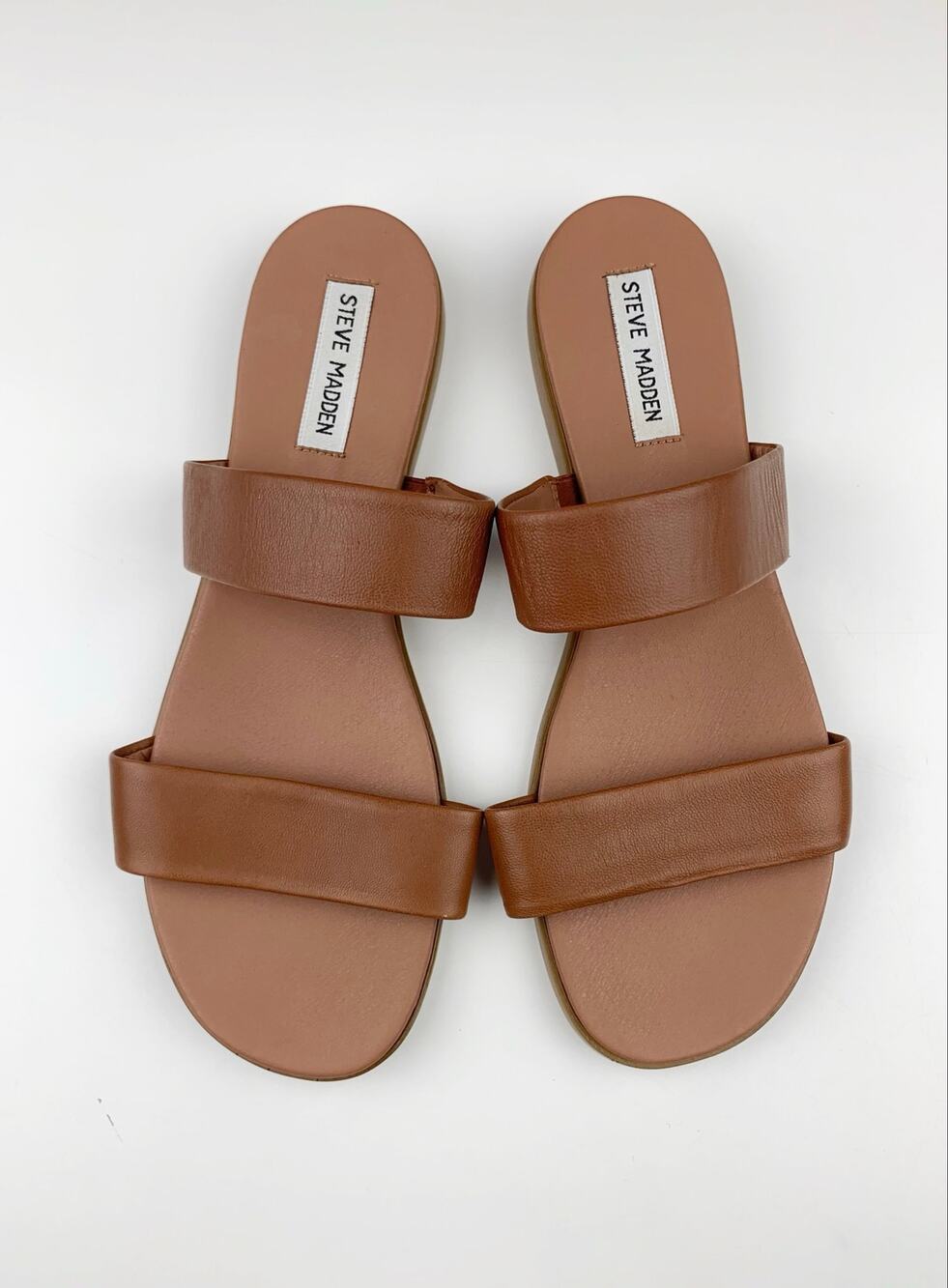 Steve Madden Dual Flat Sandals Slip On Double Straps Brown Leather Women's 8